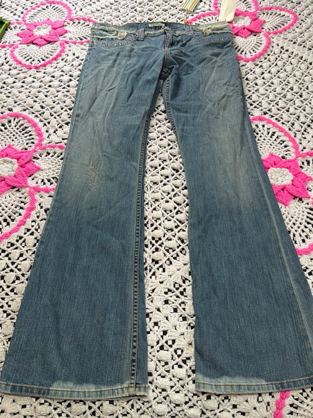 Y2k Dead Stock Allen B Women's Blue low rise Flare Jeans - Wide Leg Denim